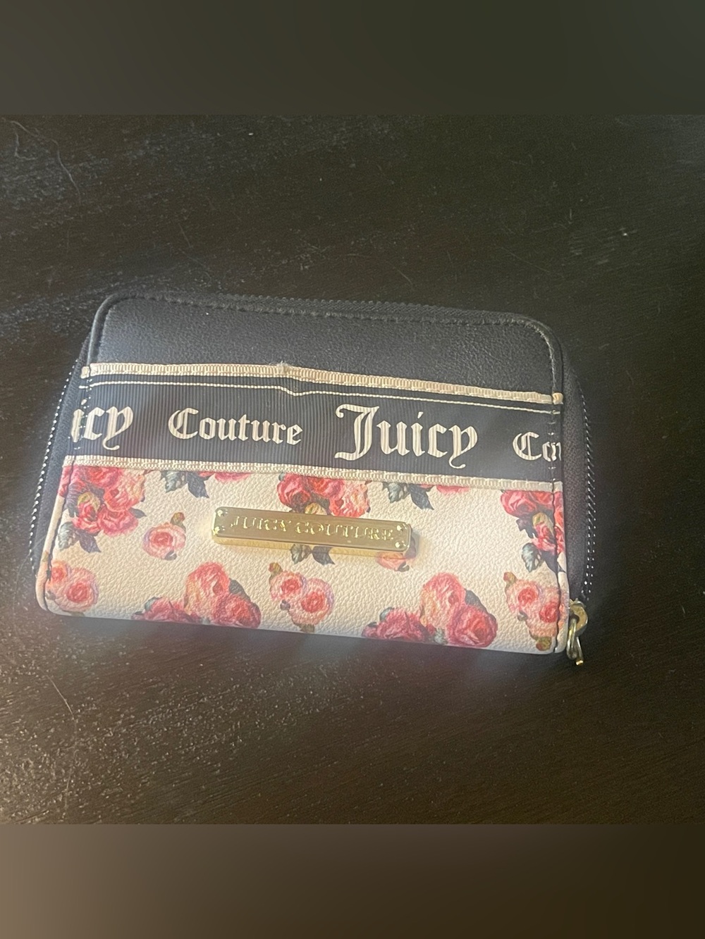 Juicy Couture Black and Pink Floral Zip Wallet